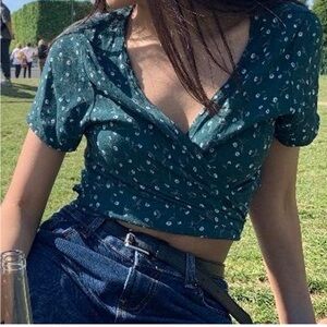 Brandy Melville Dark Green Floral Wrap Top